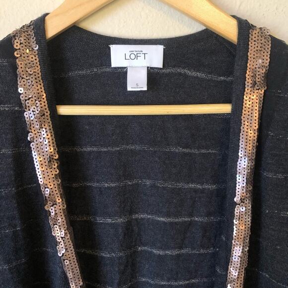 Ann Taylor Loft Wool Cardigan Women’s Small Sequin Striped Gray Sweater Metallic - Picture 2 of 6